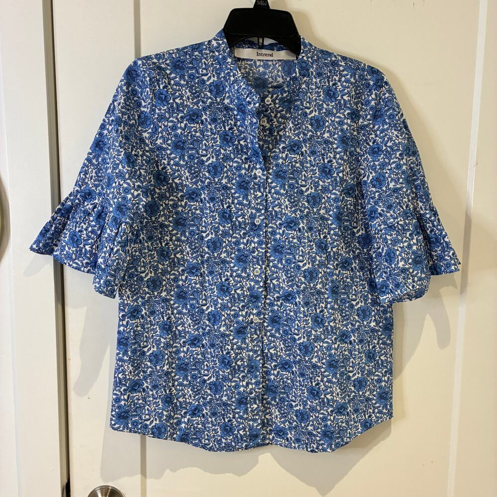 Intrend by MaxMara Blue Floral Short Sleeve Blouse Sz 6
